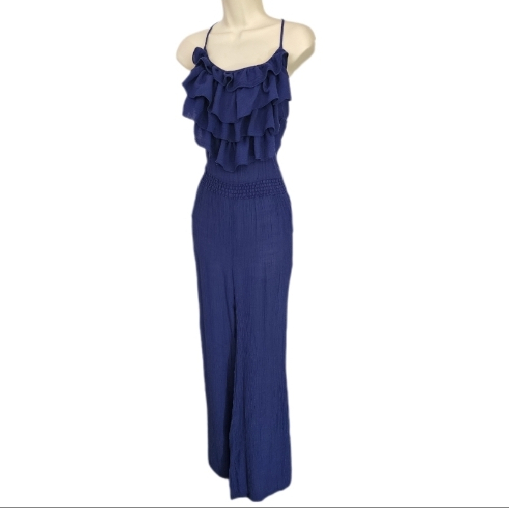 Toxik3 Jumpsuit Ruffled Tiered Bodice Sleeveless Blue Size L